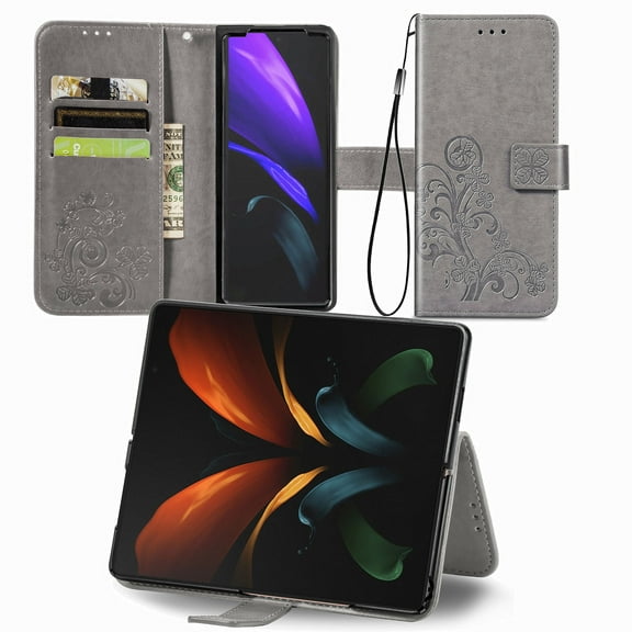 for Samsung Galaxy Z Fold 4 Wallet Case, Embossed Four-Leaf Clover PU Leather Lanyard Strap Shockproof Drop Proof Card Slots Cash Pocket Flip Stand Cover Case for Samsung Z Fold4, Gray