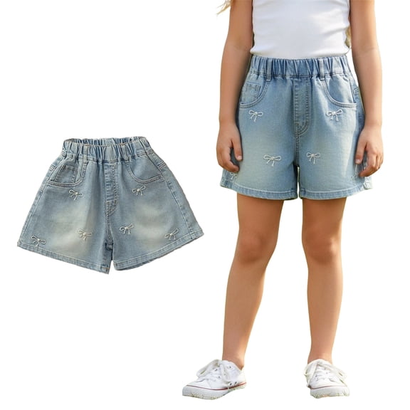 Girls Jeans Shorts Girls Elastic Waist Bow Embroidered Shorts Straight Leg Denim Shorts Girls Summer Shorts Clothes Girls 6-7 Years