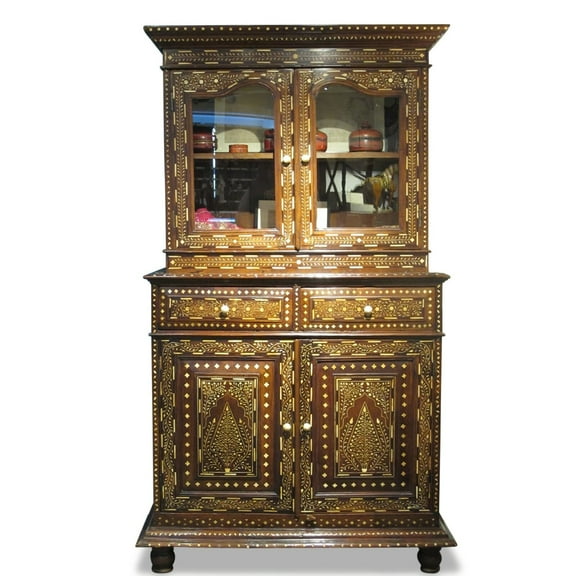 Vintage Anglo Indian Teak Wood Bone Inlay Crockery unit, bone inlay display unit, bone inlay furniture