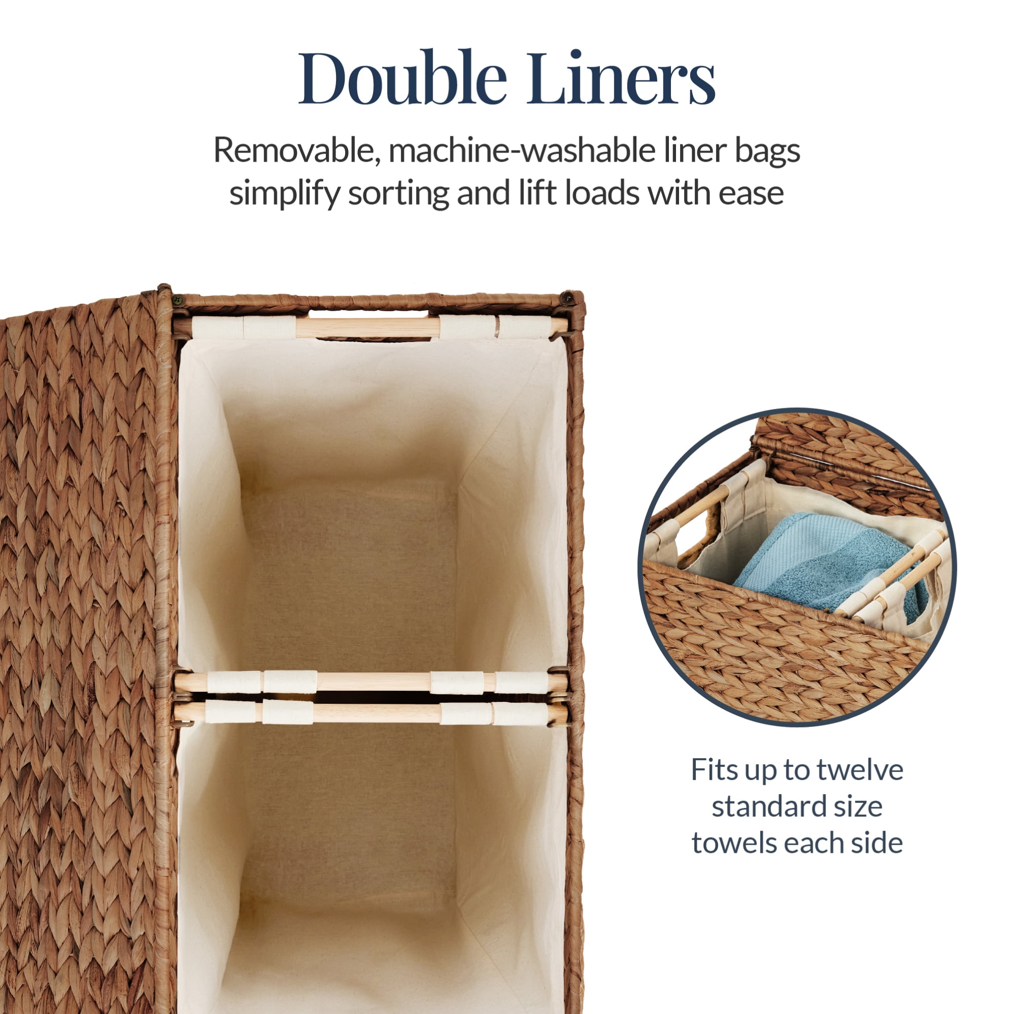 Best Choice Products Large Natural Water Hyacinth Double Laundry Hamper Basket w/ 2 Liner Bags, Handles - Chestnut