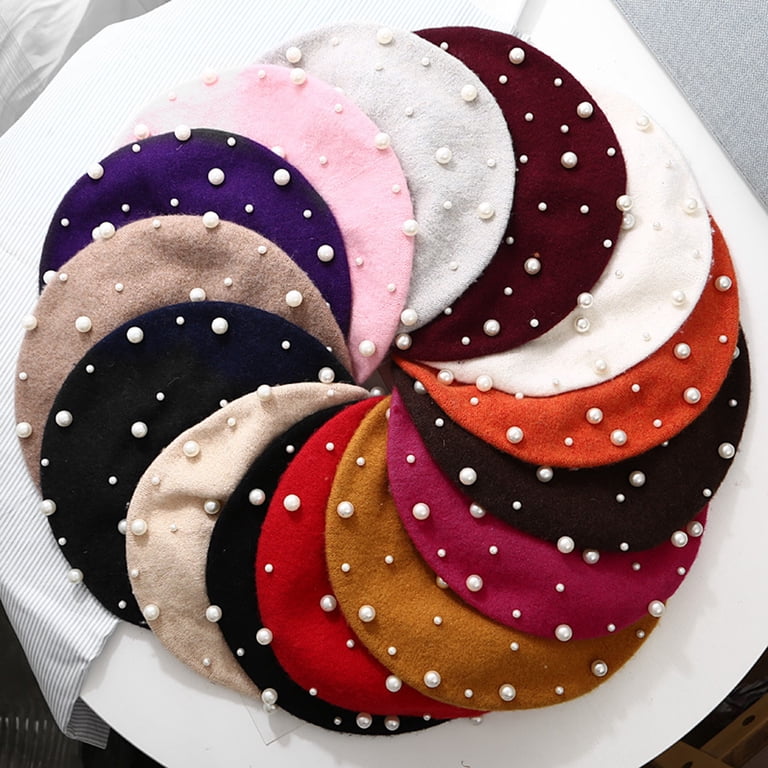 9349 Women\'s Winter Hat Knitted Beanie Hat Wool Berets French Style Pearl canjoyn Women Girls Wool Berets Sweet French Pearl Beaded  main image 4