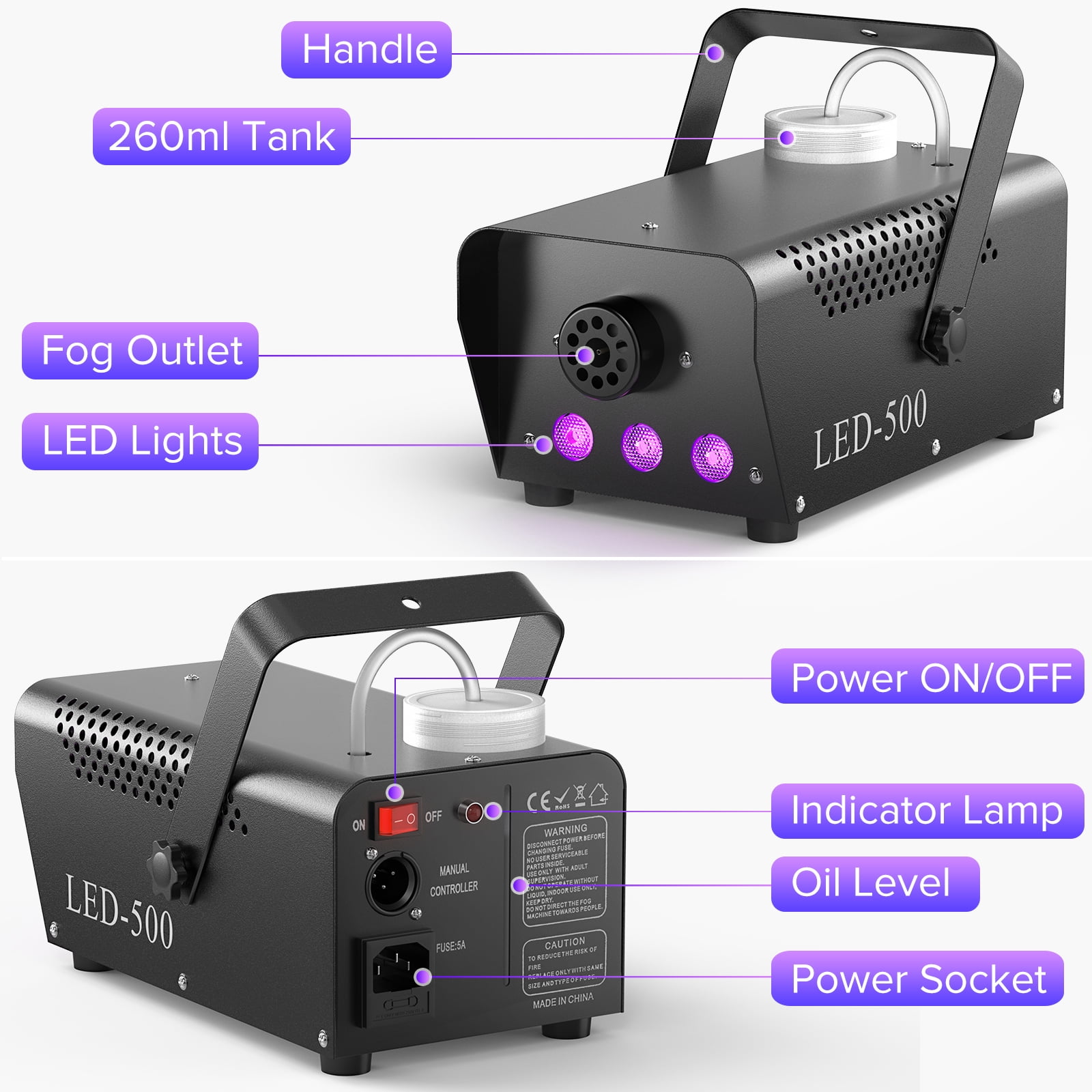Fog Machine, 500W Fog Smoke Machine with 3 LED Lights for Wedding Halloween Christmas Party Stage Effect