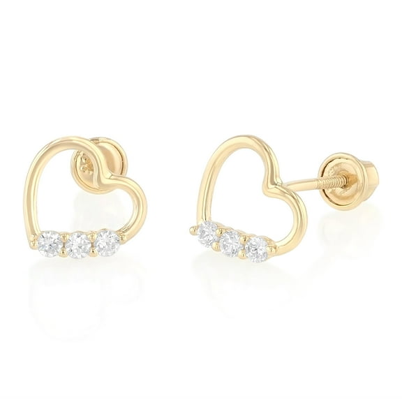 14K Yellow Gold CZ Heart Screw Back Stud Earrings