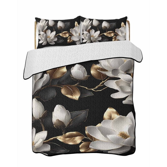 Magnolia Blossoms Quilts Bedding Set King Size Vintage White Floral Gold Black Leaf Lightweight Quilted Bedspread 3 Piece Bed Quilt with 2 Pillow Shams All Season for Bedroom 90" x 96"