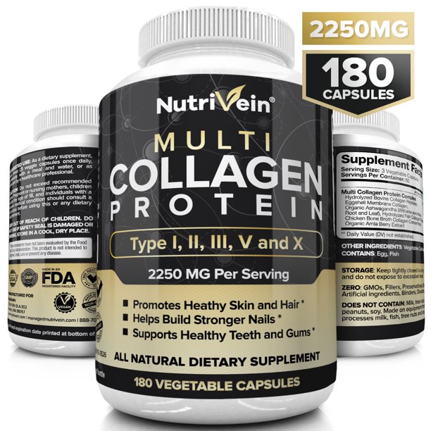 Nutrivein Multi Collagen Pills 2250mg 180 Collagen Capsules Type I Ii Iii V X Anti Aging