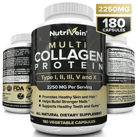 Nutrivein Multi Collagen Pills 2250mg - 180 Collagen Capsules - Type I, II, III, V, X - Anti-Aging, Healthy Joints, Hair, Skin, Bones, Nails, Hydrolyzed Protein Collagen Peptides for Woman and (Best Skin Whitening Pills In Malaysia)