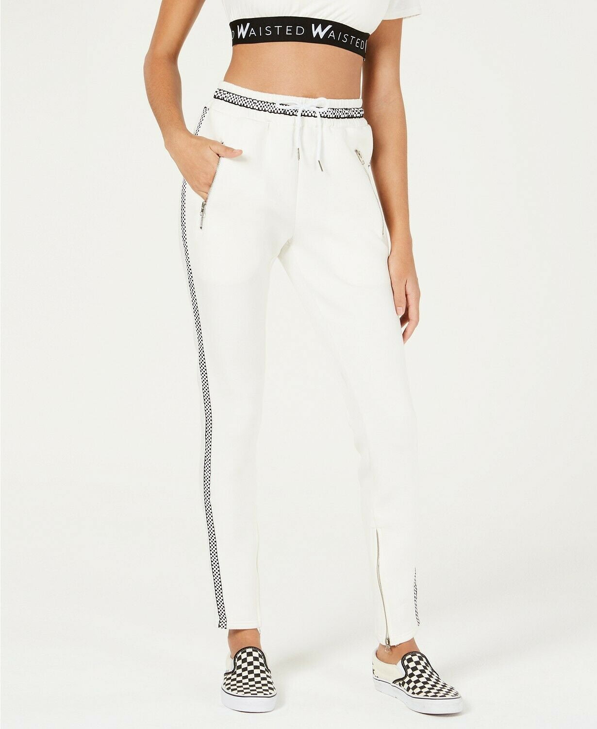 Waisted - Women's Junior's Waisted Checkered Varsity-Stripe Track Pants Size Medium White 