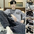 thumbnail image 2 of comerut 2 Pcs/Set Men Winter Pajamas Set Round Neck Long Sleeve Thick Twisted Texture Loose Elastic Waist Warm Soft Pockets Contrast Color Men Homewear Top Pants Set, 2 of 8