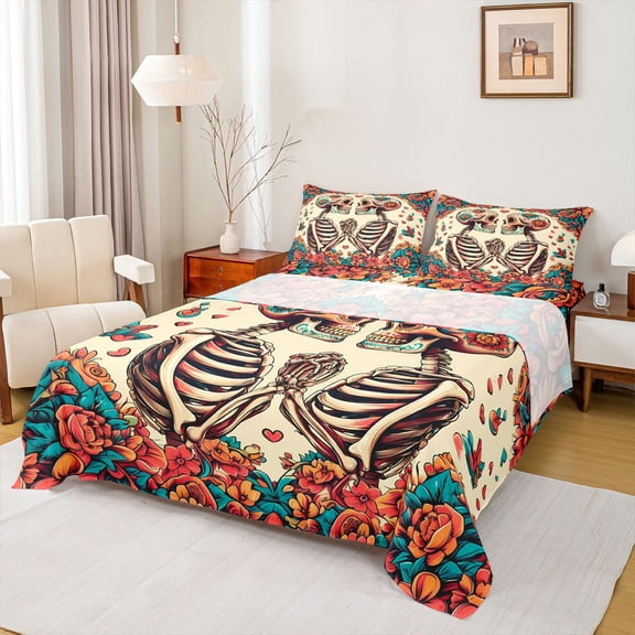 Homewish Romantic Couple Skeleton Twin Sheet Sets, Retro Rustic Flower Floral Twin Fitted Sheet, Mandala Bohemian Style Flat Sheet, Lightweight Room Decor, 3pcs