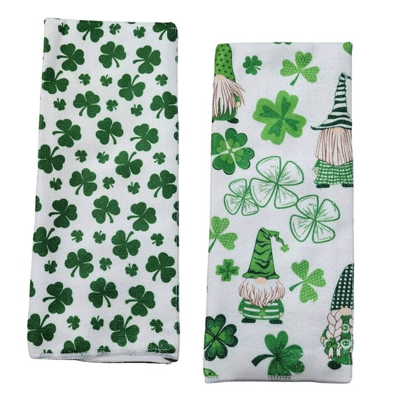 St Patricks Day Kitchen Towels, Irish Shamrock Green Gnomes Printed Dishcloth 15x25in Absorbent Soft Feel 100% Polyester for Home Bathroom Hand Towel Holiday Party Decor & CUSTOM Storage Carrier