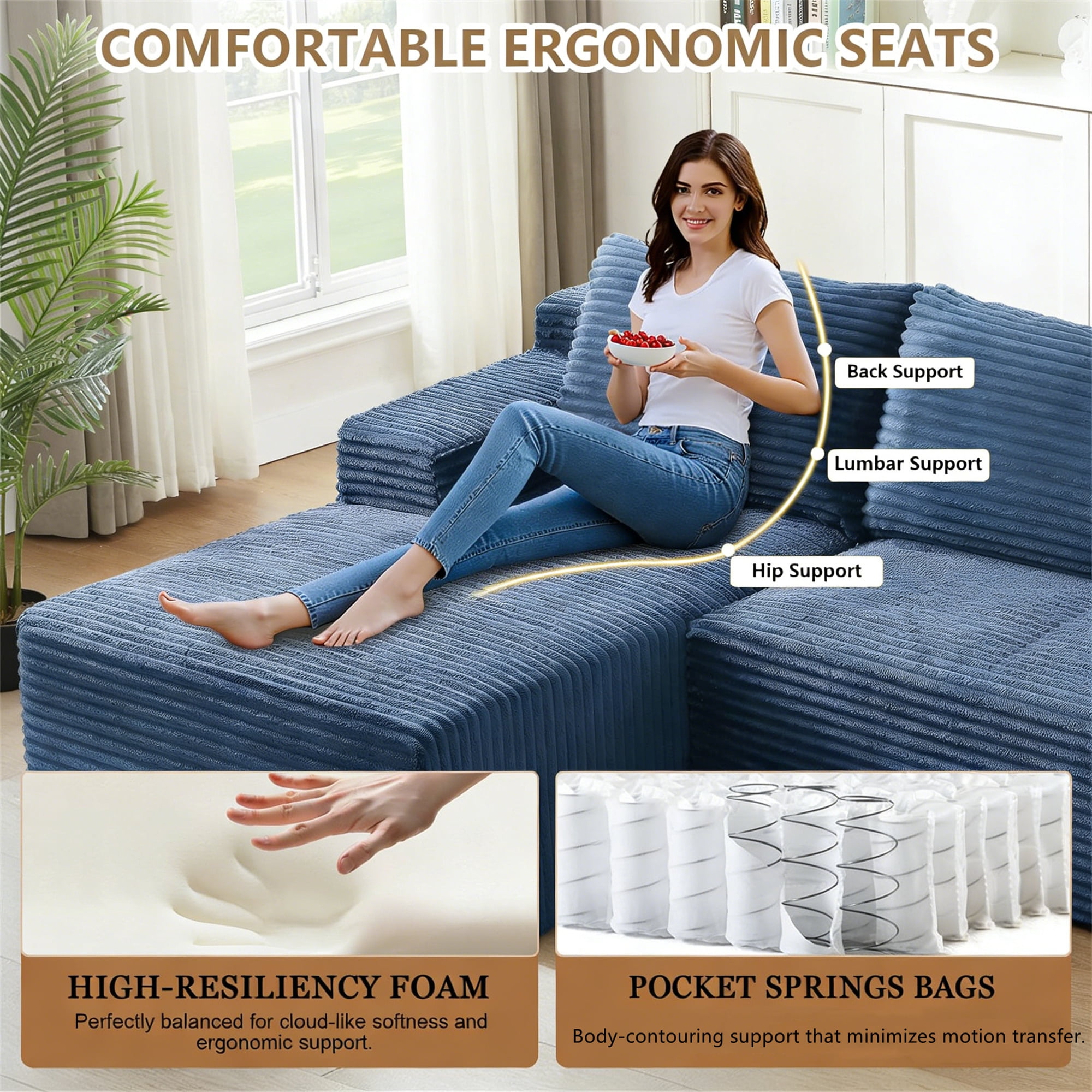 Aukfa 105" Cloud Sectional Sofa Boneless Couch Modular Sofa Bed for Living Room, 2Pillows, Left Chiase, Corduroy, Blue