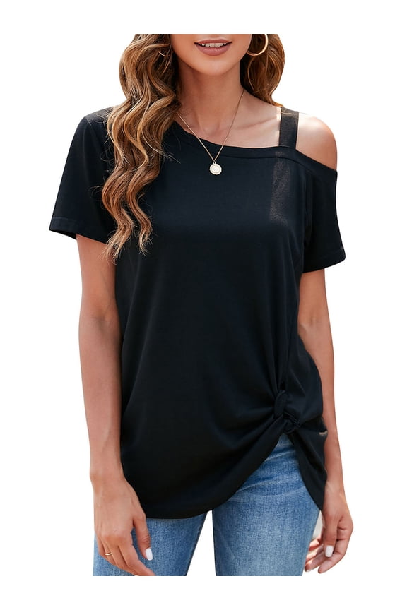 Women's Casual Cold Shoulder T-Shirt Summer Short Sleeve Tunic Tops Front Knot Side Twist Blouses, Black/ Dark Grey/ Wine Red, S-2XL