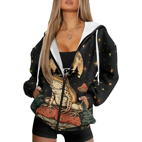 Renewold Frog Mushroom Night Womens Full Zip Oversized Hoodies Long Sleeve Cardigan Fashion Pullover Jackets Loose Fit Sweatshirt Hoodie Graphic Hoodie Trendy Fall Clothing for Leggings, XS
