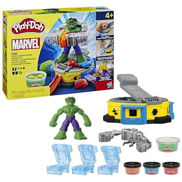 Set de Juego Hasbro Play-Doh Hulk Aplasta y Moldea con figura flexible de Hulk de 12.7 cm y prensa giratoria 360 grados para aplastar creaciones. Incluye tres moldes removibles para tanques, camiones y M.O.D.O.K., y 142 gramos de plastilina multicolor ideal para modelar y crear formas en manualidades infantiles.