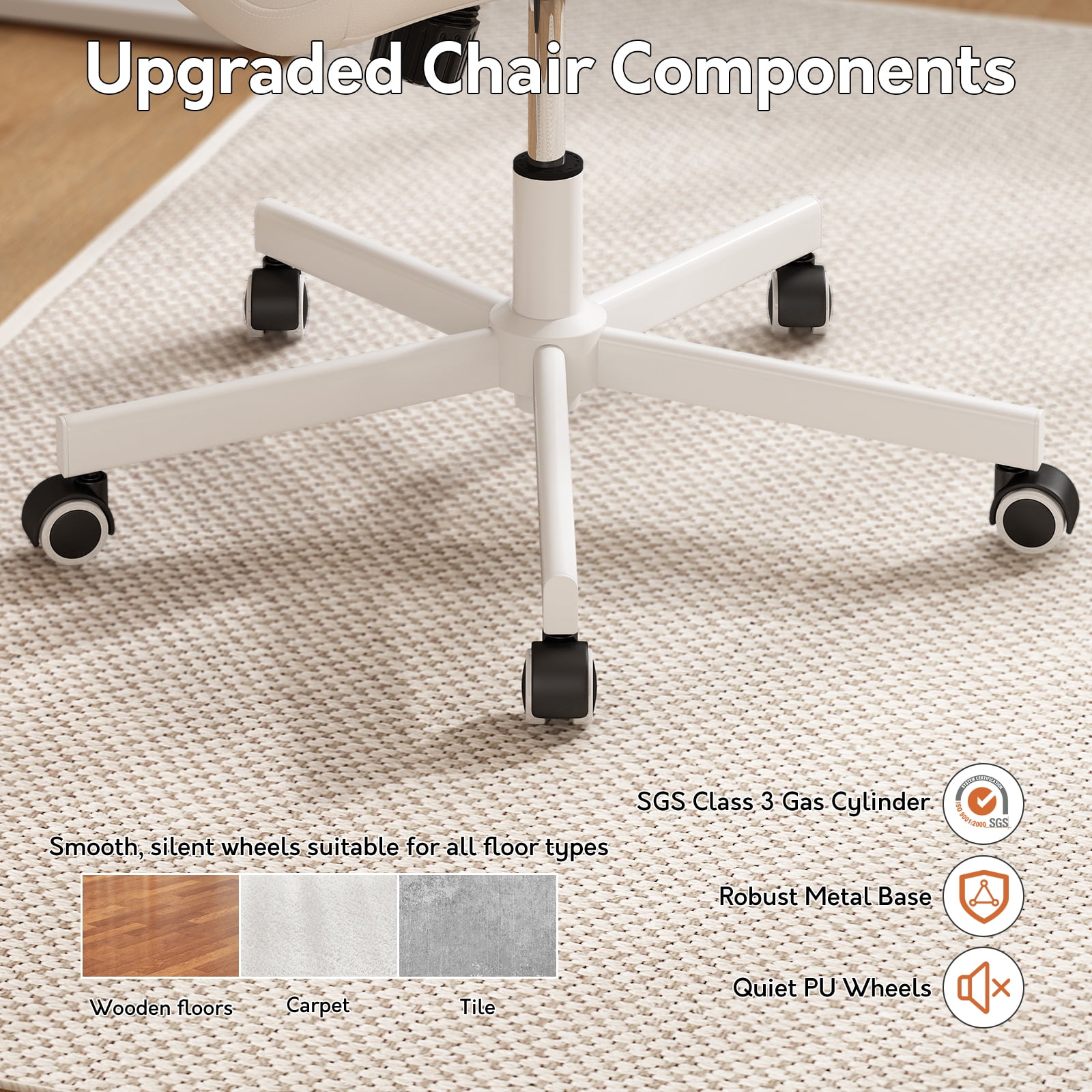 Genpo Armless Desk Chair, White Leather Office Desk Chairs with Wheels, Mid Back and Lumbar Support for Computer Home Small Space Vanity Makeup