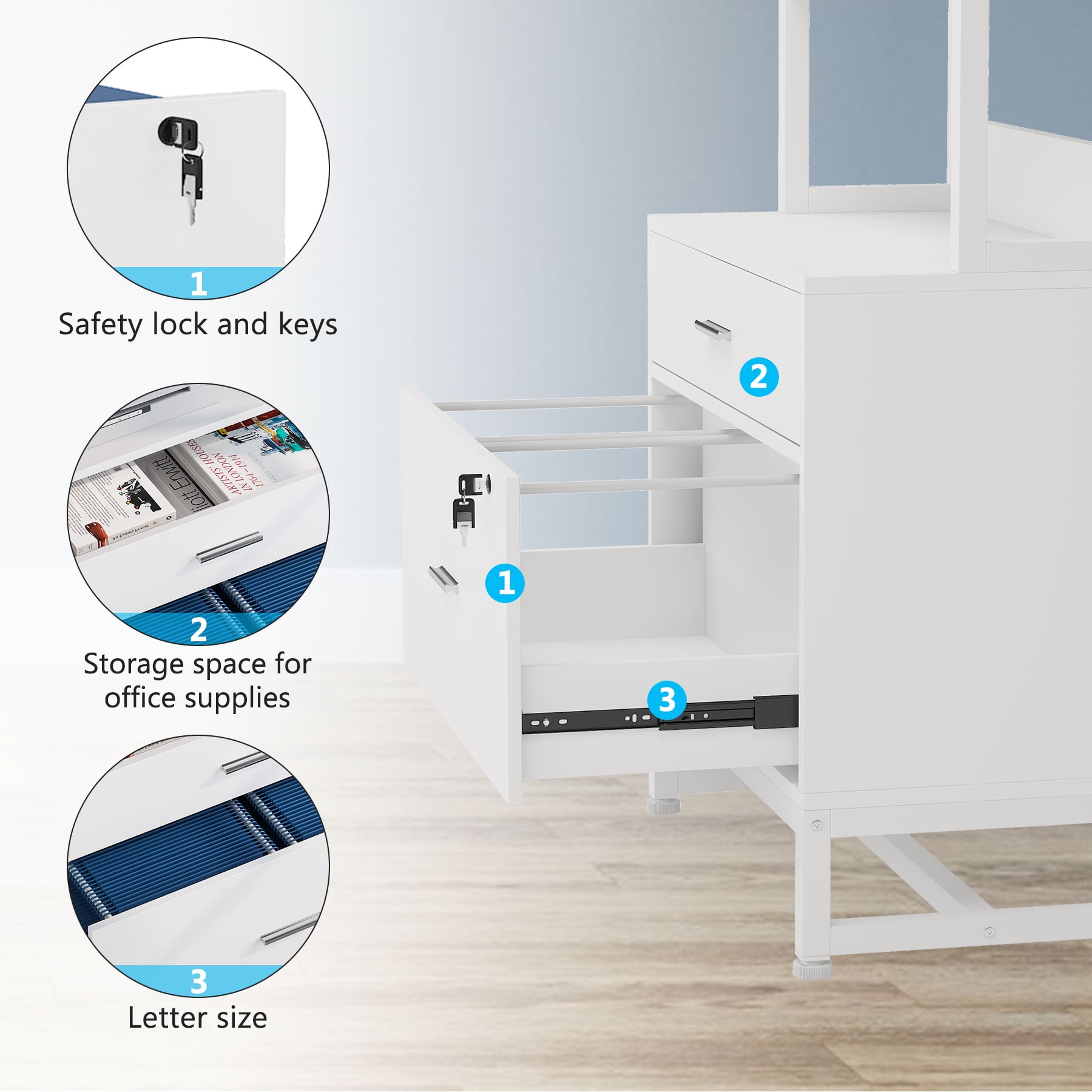Tribesigns 2 Drawer File Cabinet with Lock, Letter Size Modern Filing Cabinet with Storage, White