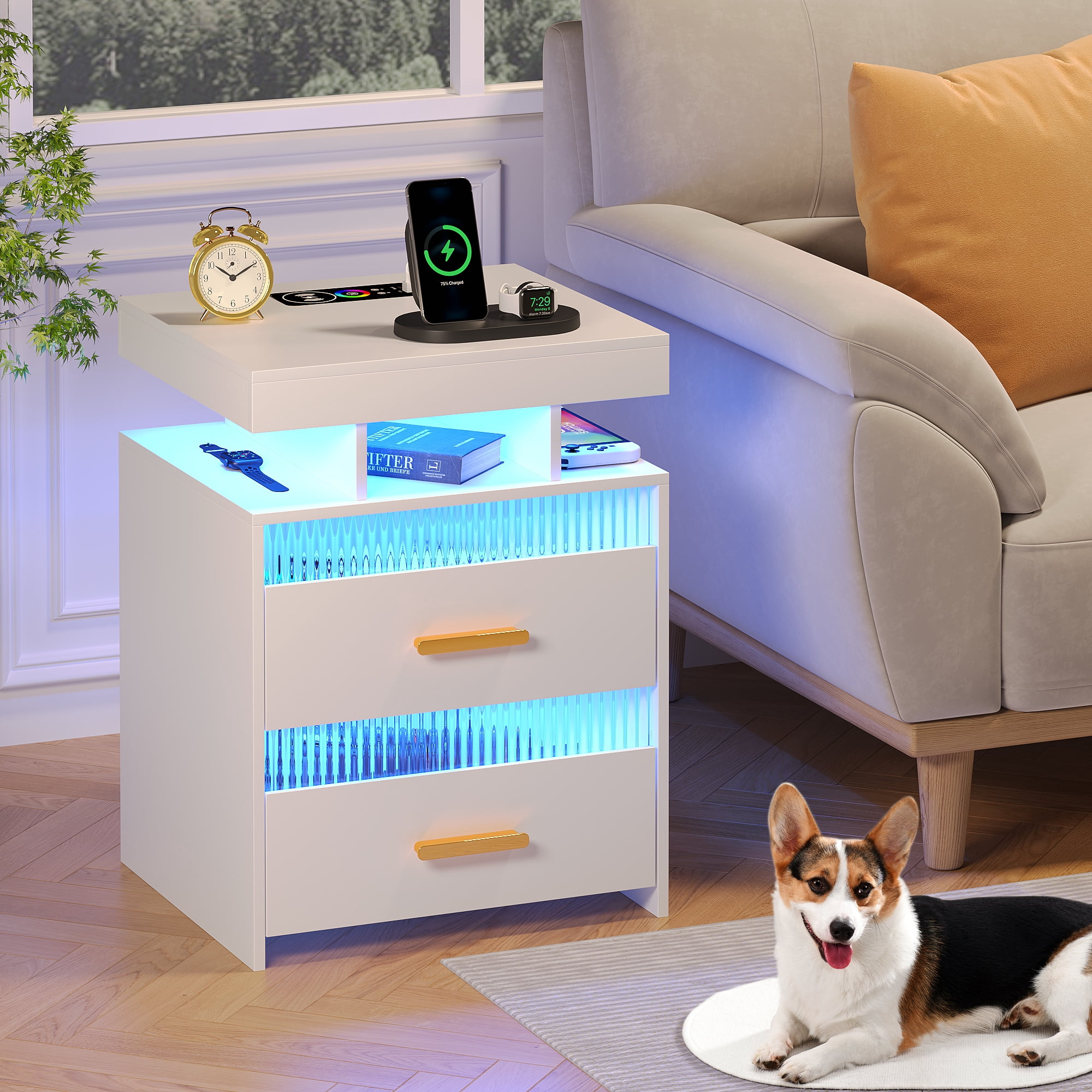 VKCC RGB LED Nightstand with 2 Drawers & Charging Station, Modern Bedside Table for Bedroom Living Room, White