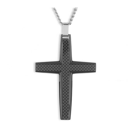 Crucible Men's Carbon Fiber Black IP Stainless Steel Cross Pendant, 24