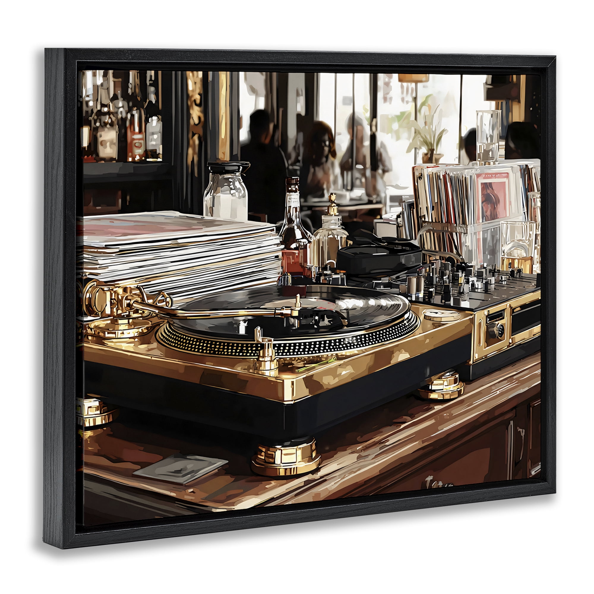 Stupell Industries Work Place Vintage Gold Turntable Black Framed Floater Canvas Wall Art, design by Franklyn Gregory