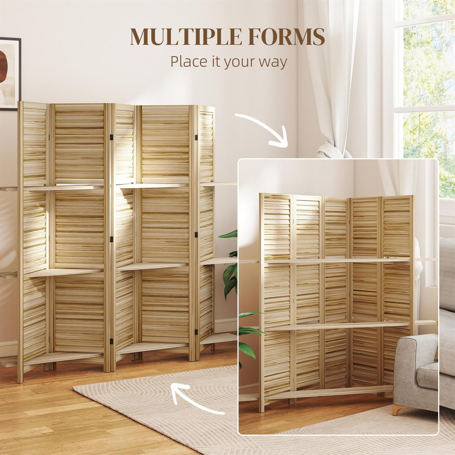 Demi Bonn 67" Tall Wood Privacy Screen Room Divider with 5 Panels, 3 Shelves, Folding Storage for Bedrooms, Beige