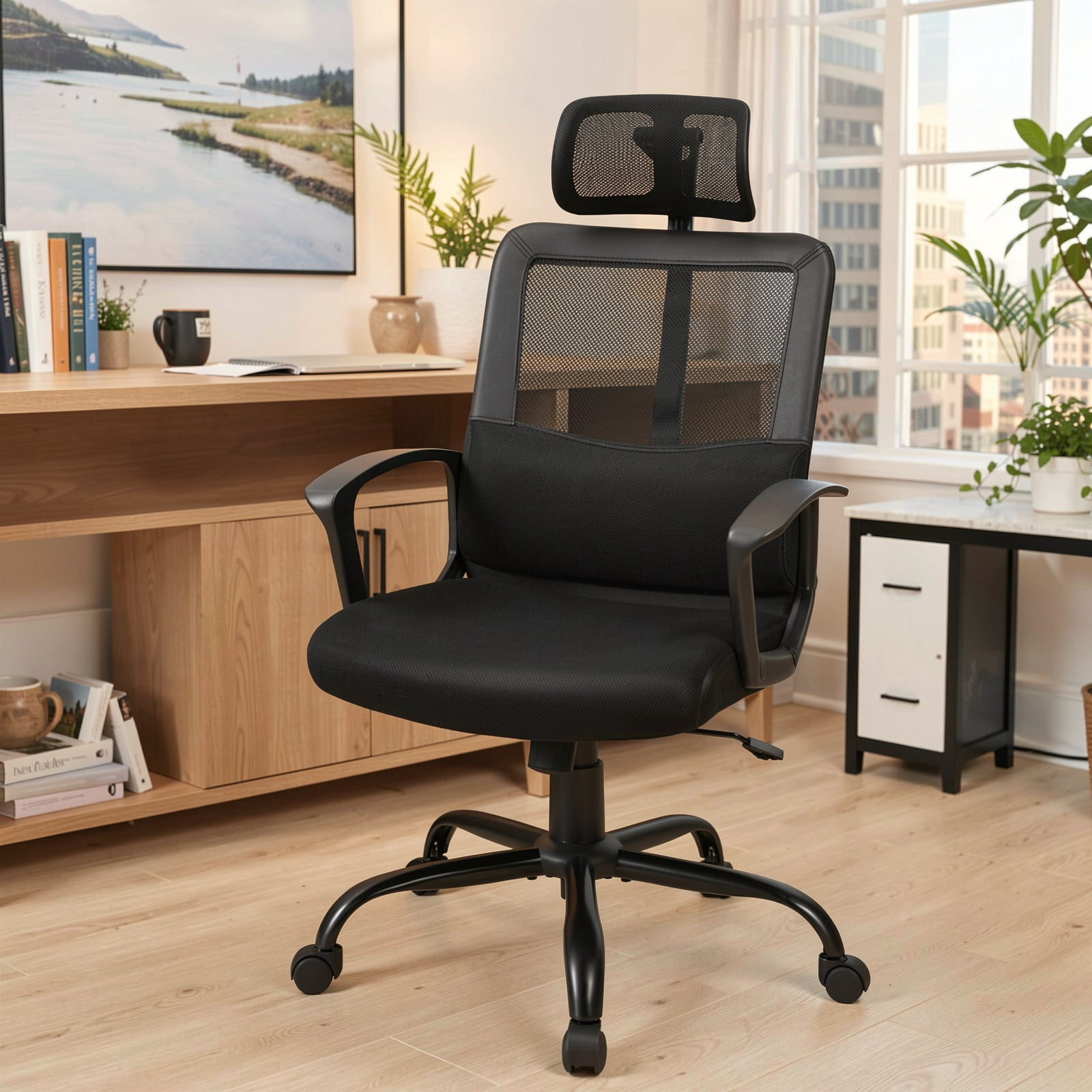 Furnibear Mesh Office Chair High Back Ergonomic Swivel Desk Chair with Adjustable Headrest Lumbar Support Computer Chair for Home Office, Black