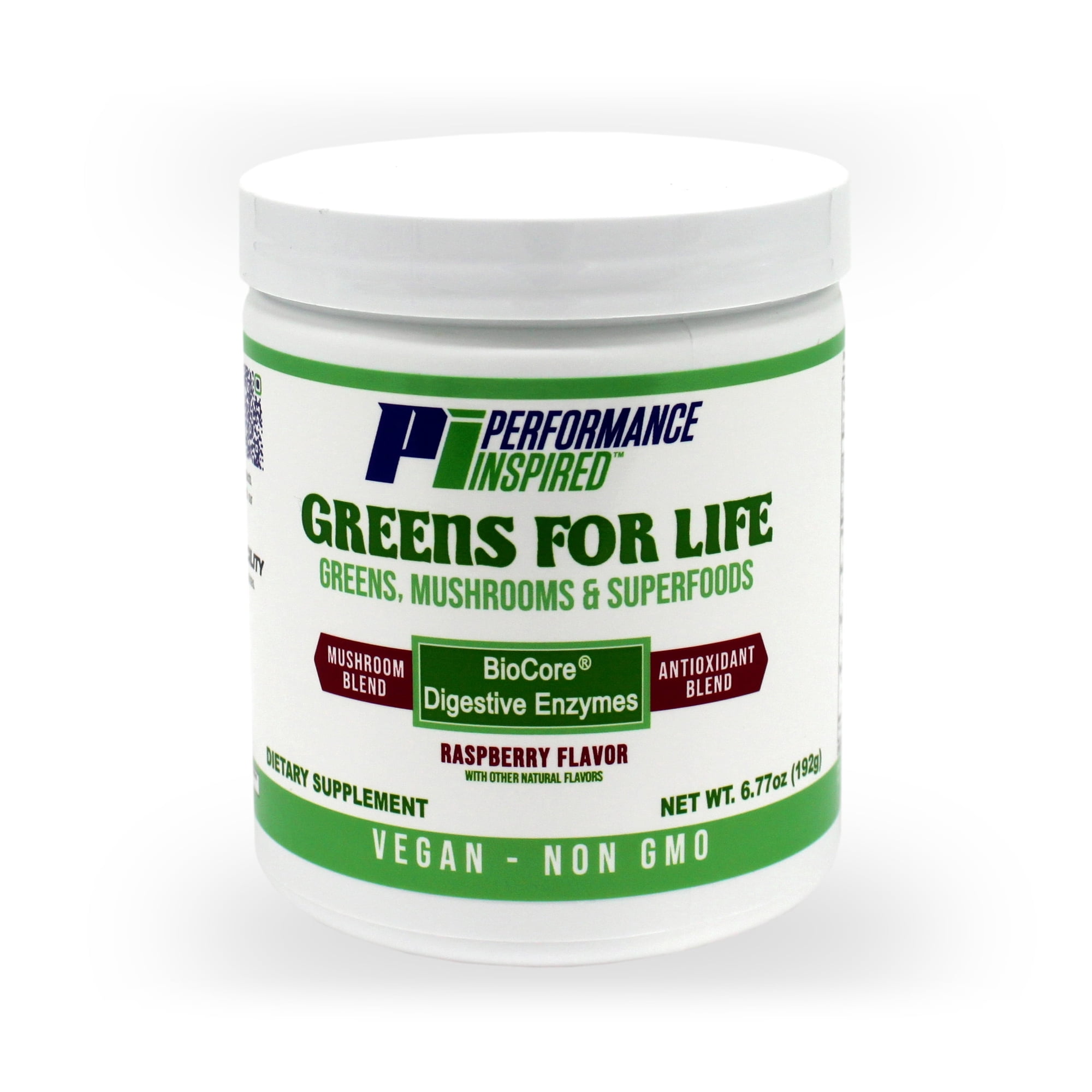 Performance Inspired Nutrition - Greens for Life - Organic Greens, Mushrooms, & Superfoods - BioCore Digestive Enzymes - Boost Immunity - Raspberry Flavor - 30 Servings