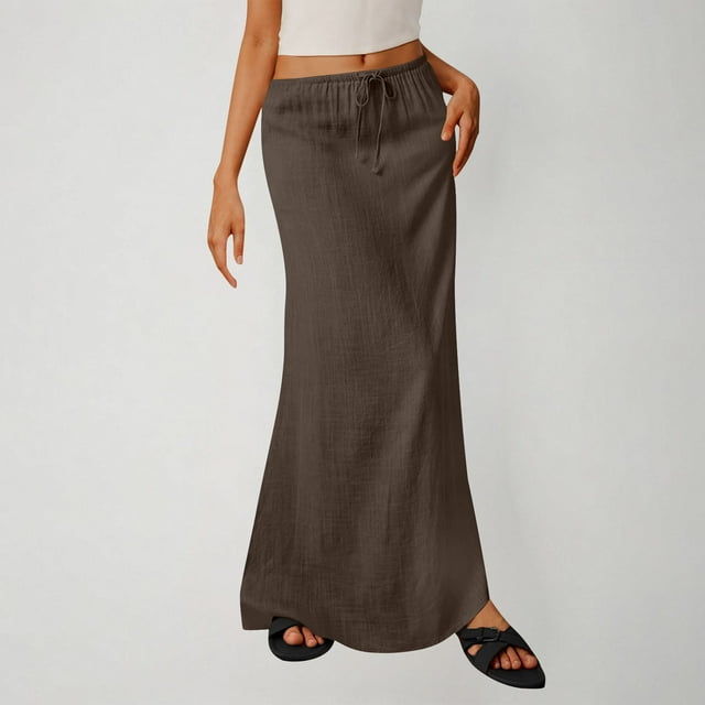 Miqool Ladies Fashion Women Solid Color Elastic Waist Drawstring Long Skirt
