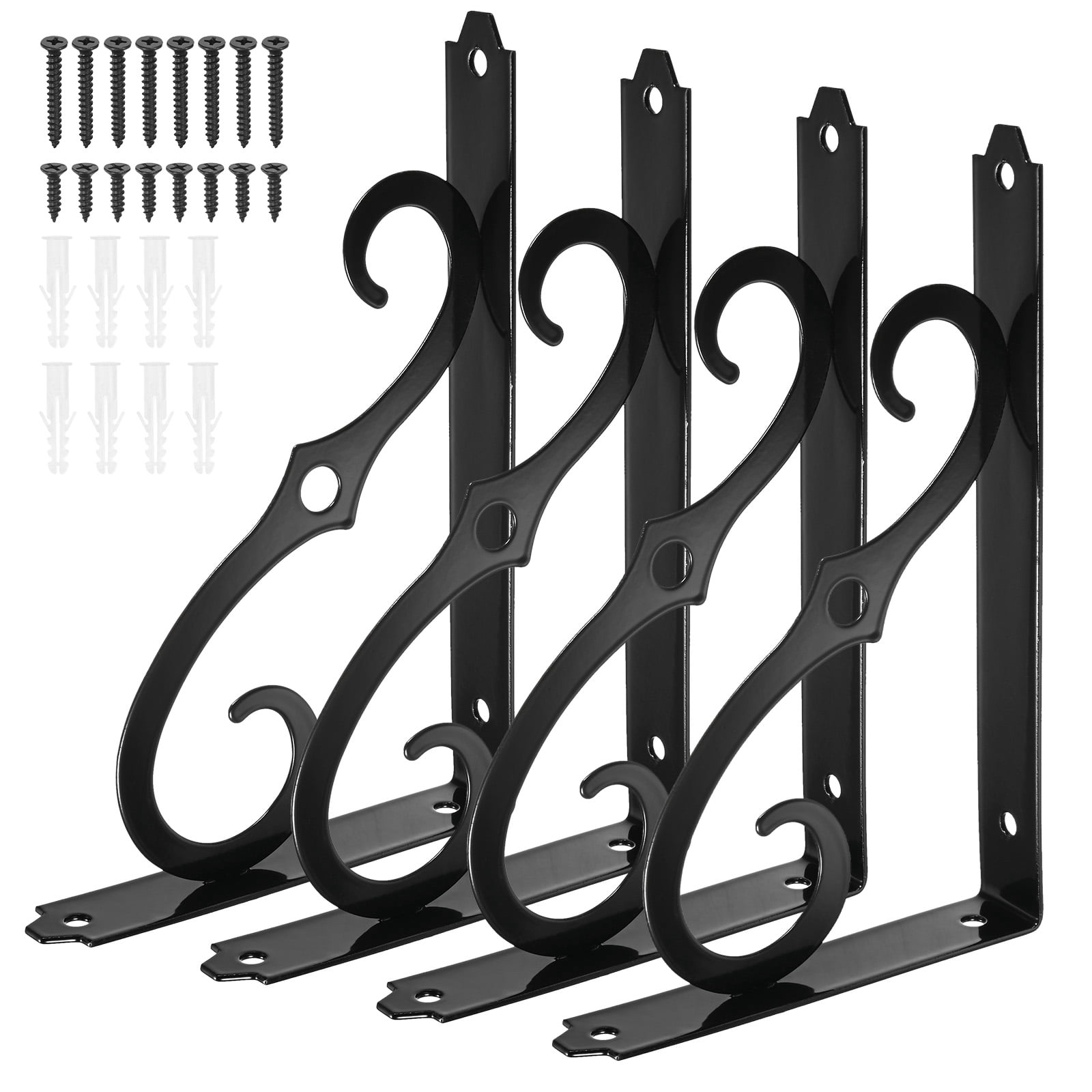 4-Pack Shelf Brackets, 8 Inch Long Iron Wall Mount Shelf Support Bracket for Home/Kitchen/DIY Decorative [Black]