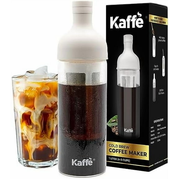 Kaffe Cold Brew Coffee Maker (38oz / 1L) - Borosilicate Glass, Airtight Seal & Dishwasher Safe - Iced Coffee Maker Bottle - Removable Mesh  - Up to 6 Cups of Cold Brew Coffee