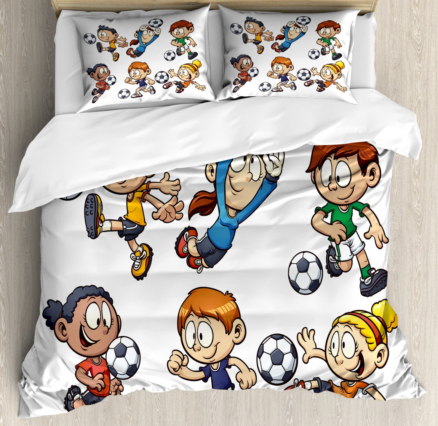 Soccer Duvet Cover Set Children Cartoon Drawing Style Kids Playing Football Happy Moments Active Lifestyle Decorative Bedding Set With Pillow Shams