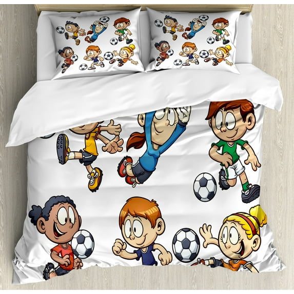 Soccer Duvet Cover Set Queen Size, Children Cartoon Drawing Style Kids Playing Football Happy Moments Active Lifestyle, Decorative 3 Piece Bedding Set with 2 Pillow Shams, Multicolor, by Ambesonne