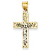 14K Two-tone Diamond-Cut Small Block Filigree Cross with Crucifix Pendant