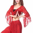 thumbnail image 6 of Qulqfy Women's Tie Front Bolero Shrug Red Sheer Flare Sleeve Lace Flowy Cardigans Women Latin Dance Tops, 6 of 7