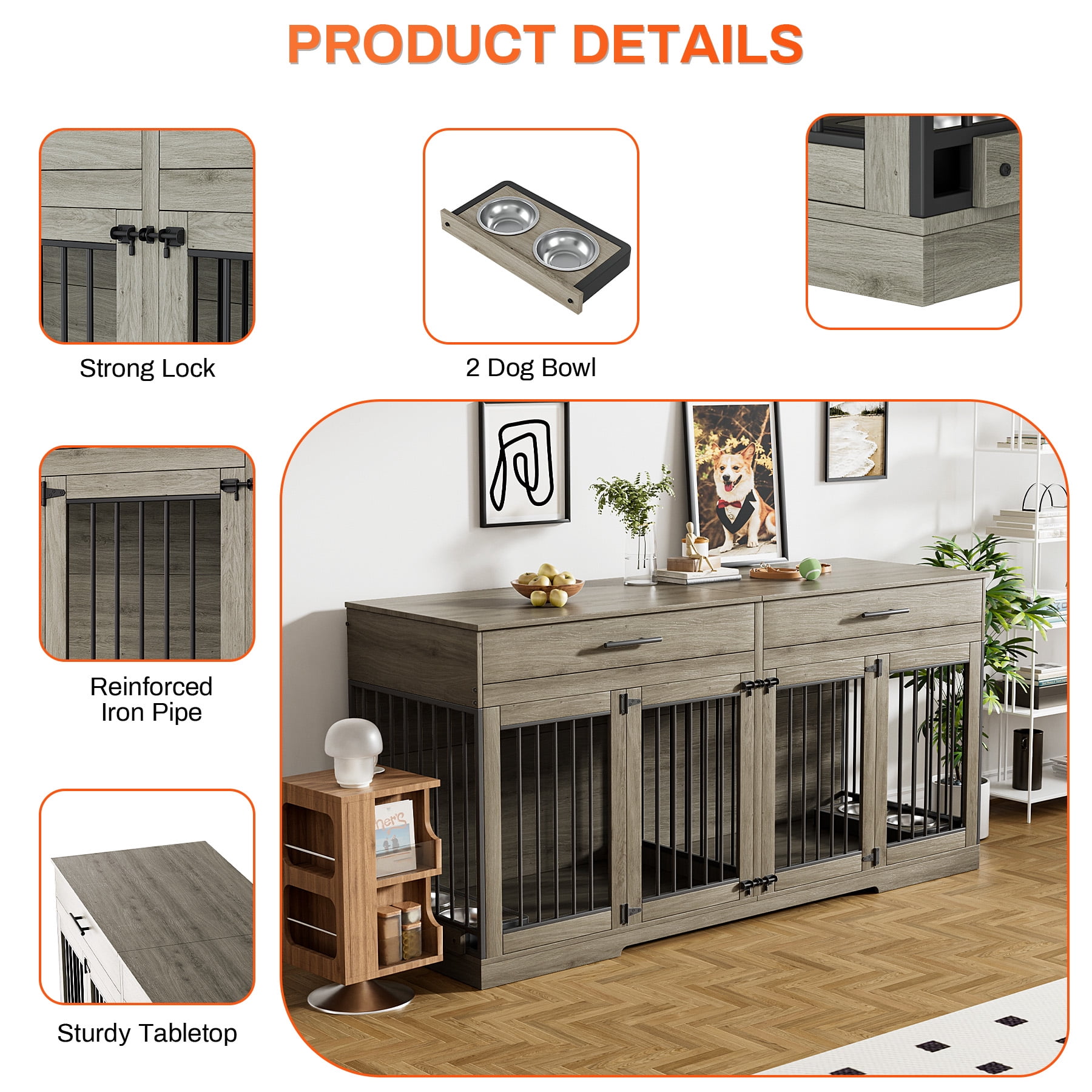 Rophefx 72" Dog Crate Furniture for 2 Dogs,Large Kennel with 2 Drawers and 4 Bowls,Wooden Heavy Duty Indoor Dog House,Grey