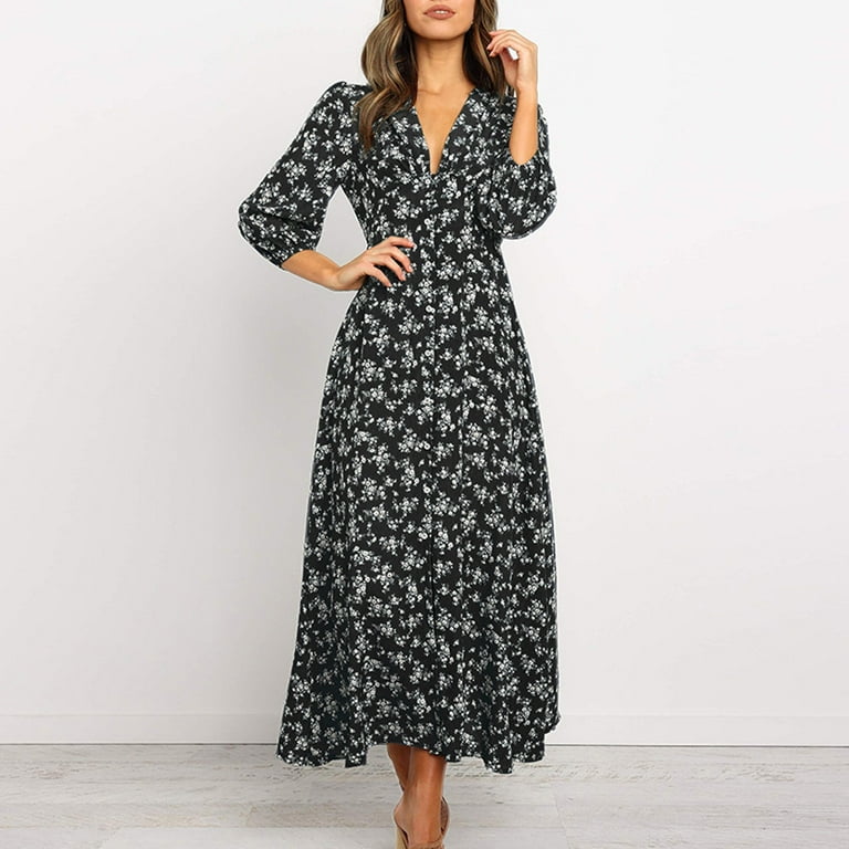 Winter Fall Dresses for Women Wedding Guest Long Sleeve Fashion V-Neck  Three Quarter Sleeve Floral Print Open Fork Hem Long Dress - Walmart.com