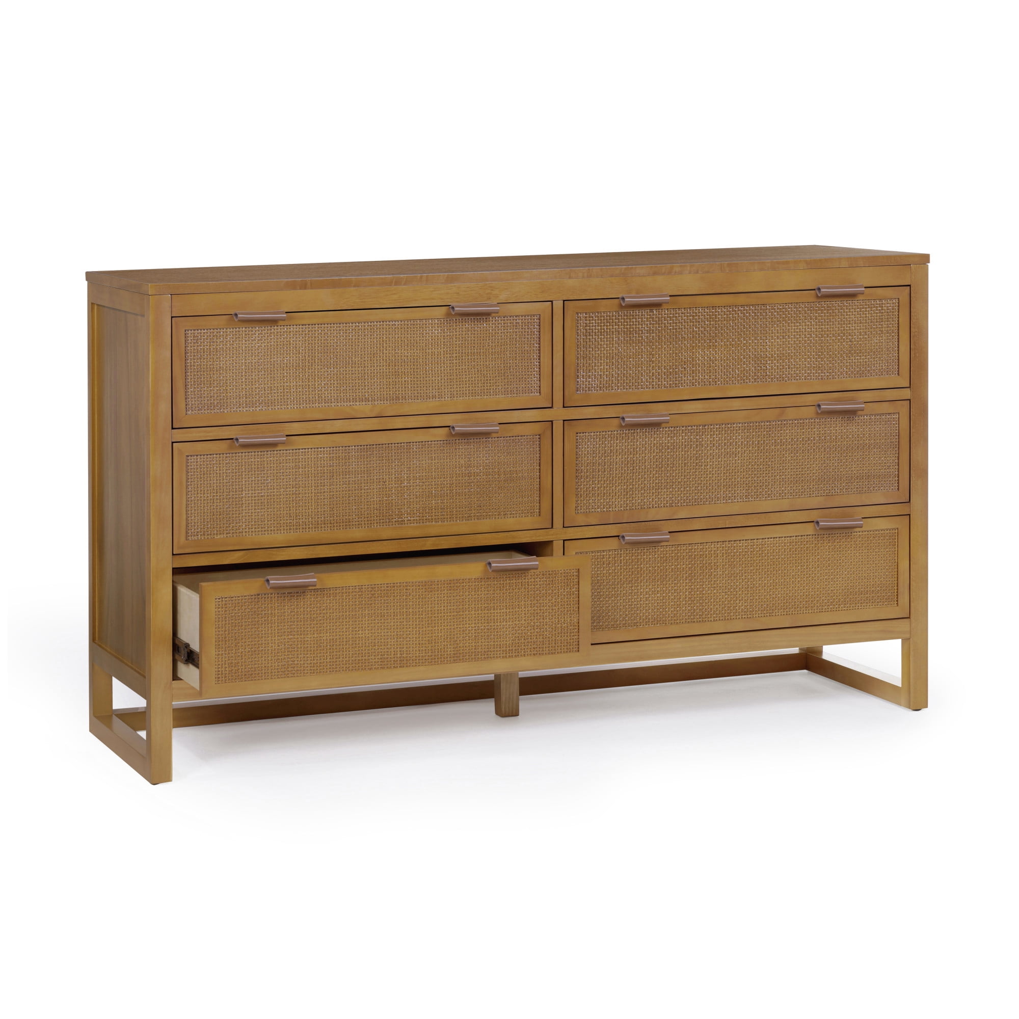 Teamson Home Hatteras Dresser with 6 Rattan Inset Drawers, Faux Leather Pulls & Deep Storage - Natural