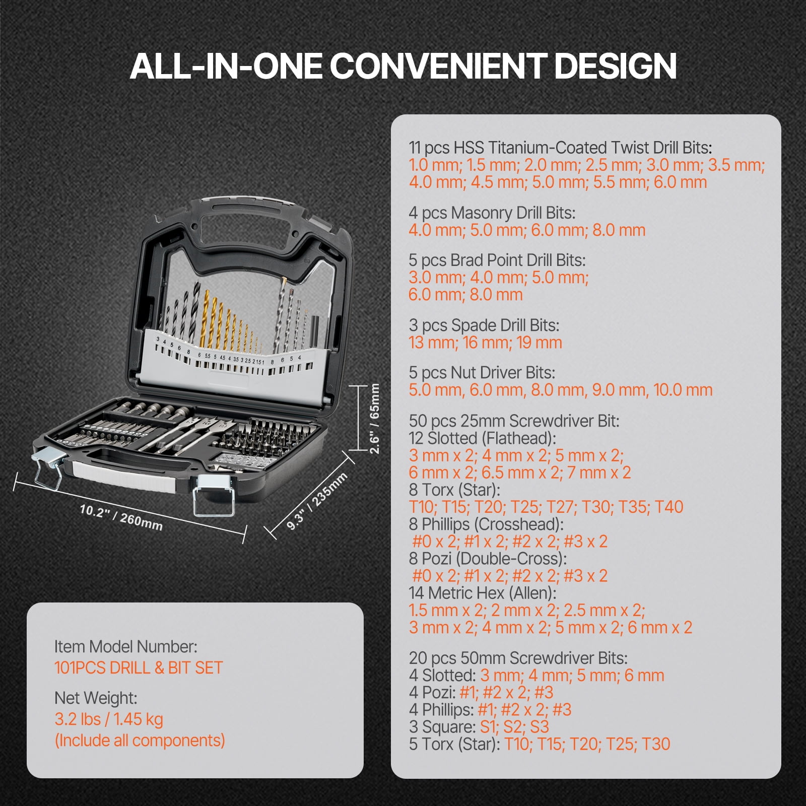 VEVOR Drill Bit Set, 101 Pieces Drill and Driver Bit Set, Screwdriver Bit Set Suitable for Wood Metal Cement Drilling and Screw Driving, Drill Bit Sets Combo Kit Assorted in Organized Carrying Case