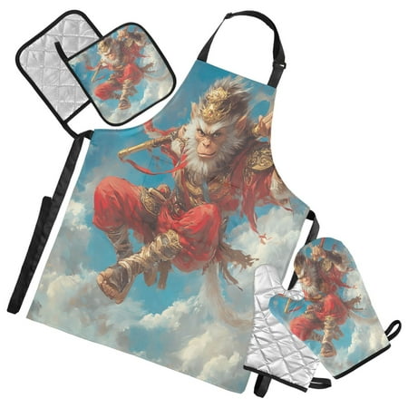 5 Pcs Kitchen Set Heat Resistant Oven Mitts and Non-Slip Pot Holders with Adjustable Cooking Apron Monkey King with Golden Cudgel