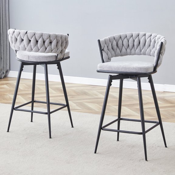 NYEESS Set of 2 Swivel Bar Stools, Light Gray Linen Seat with Black Iron Legs, Counter Height Chairs