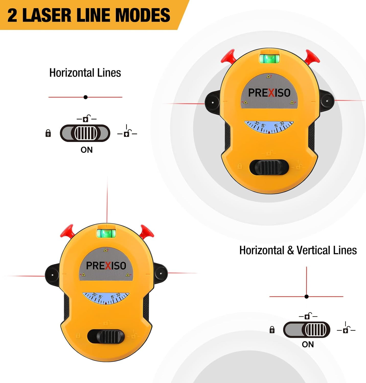 PREXISO Multi Surface Laser Level LED Light Vial, 30Ft Horizontal & Vertical Line Laser with Wall Mount Base, 2 Pins, 10 Sticker, 2 AA Batteries