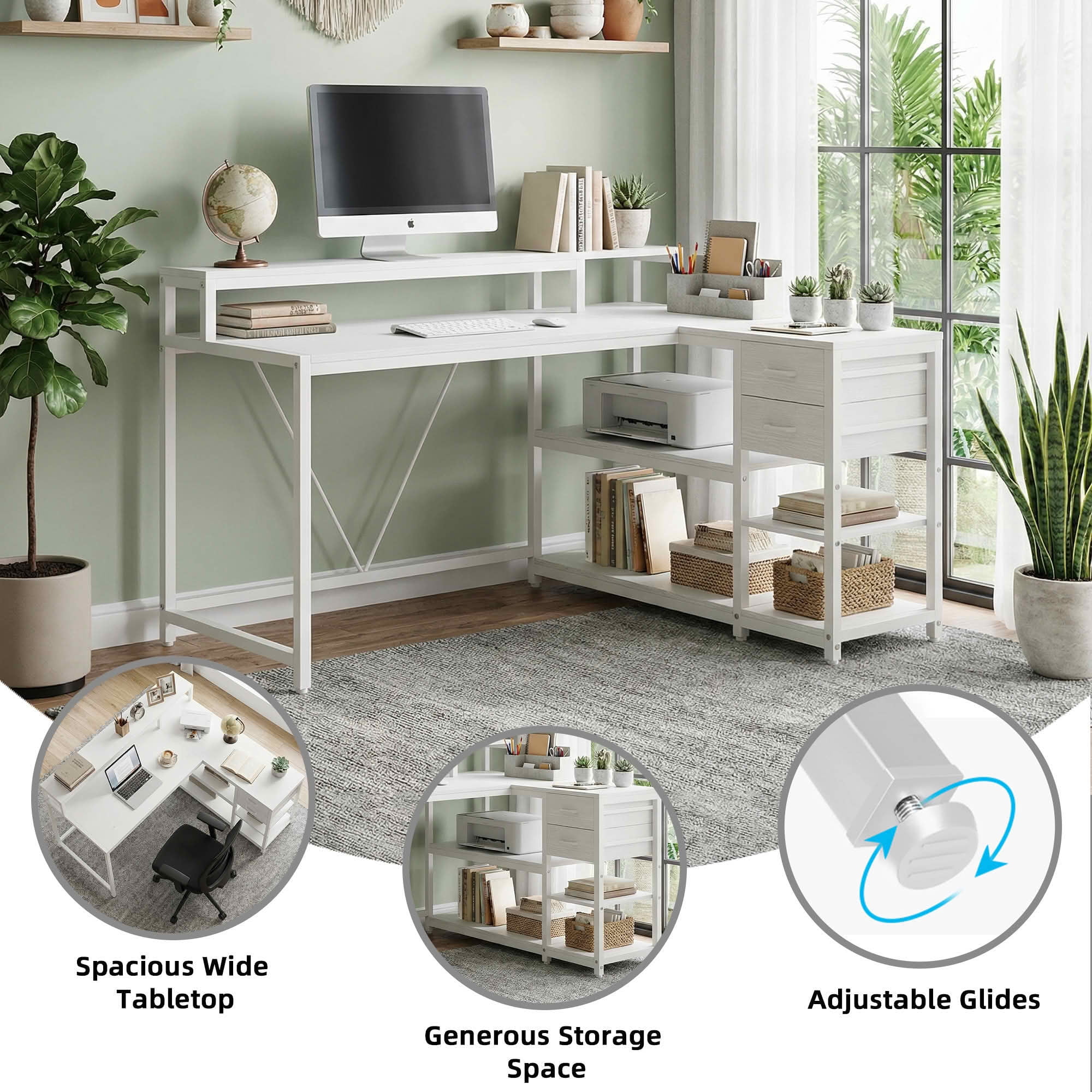 MAYEERTY L-Shaped Corner Desk with Monitor Stand & 2 Drawers, Space-Saving Home Office Desk with Storage Shelves, Anti-Slip Foot Pads