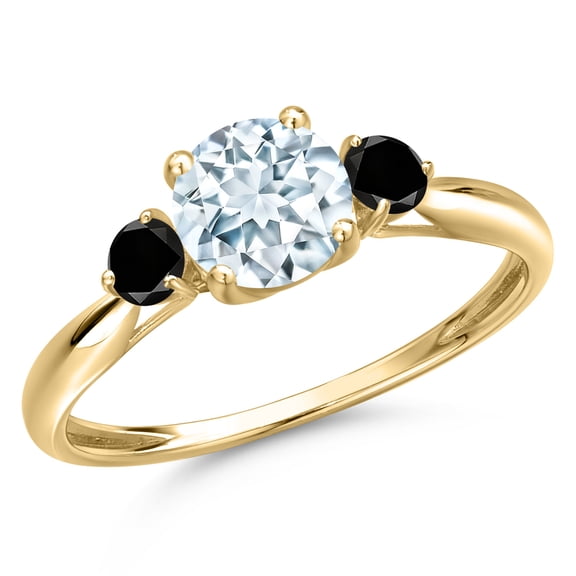Gem Stone King 10K Yellow Gold Sky Blue Aquamarine and Black Diamond 3-Stone Ring for Women | 0.95 Cttw | Round 6MM | Gemstone March Birthstone | Size 8