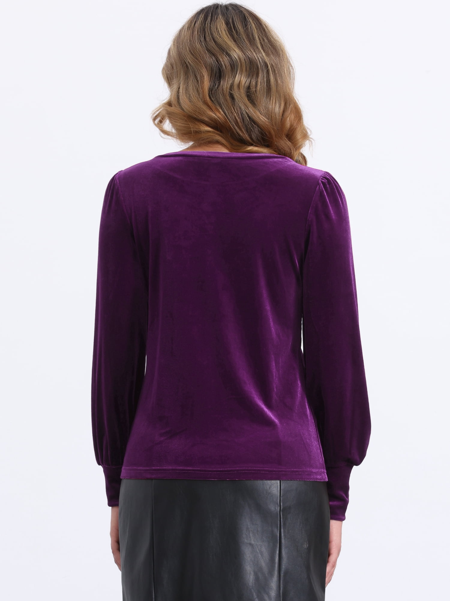 DARING DIVA Women's Velvet Crew Neck Puff Long Sleeve Blouses XL Purple