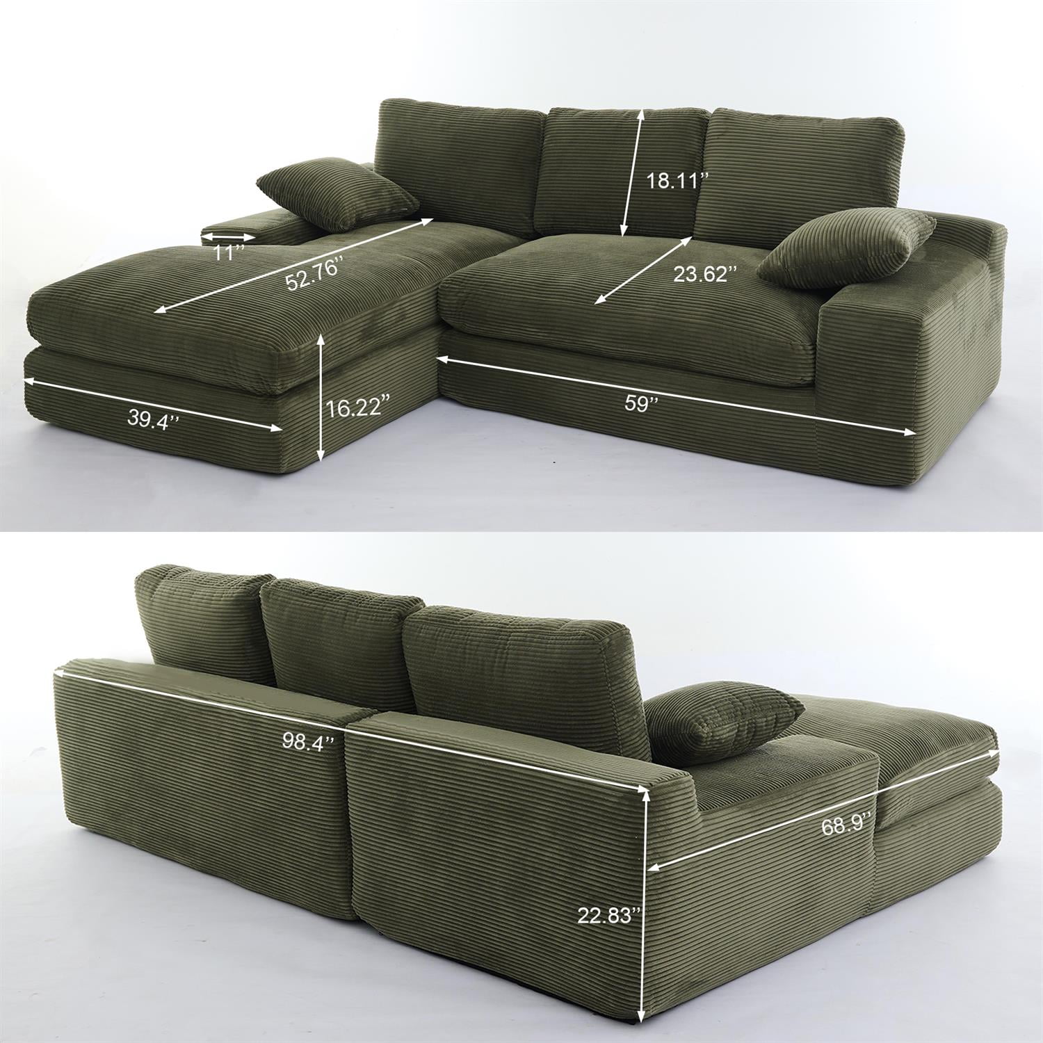 Demi Bonn 99"x69" L-Shape Modular Sectional Sofa Set, Modern Minimalist Upholstered Sleeper Couch for Bedroom & Living Room, No Installation, Green