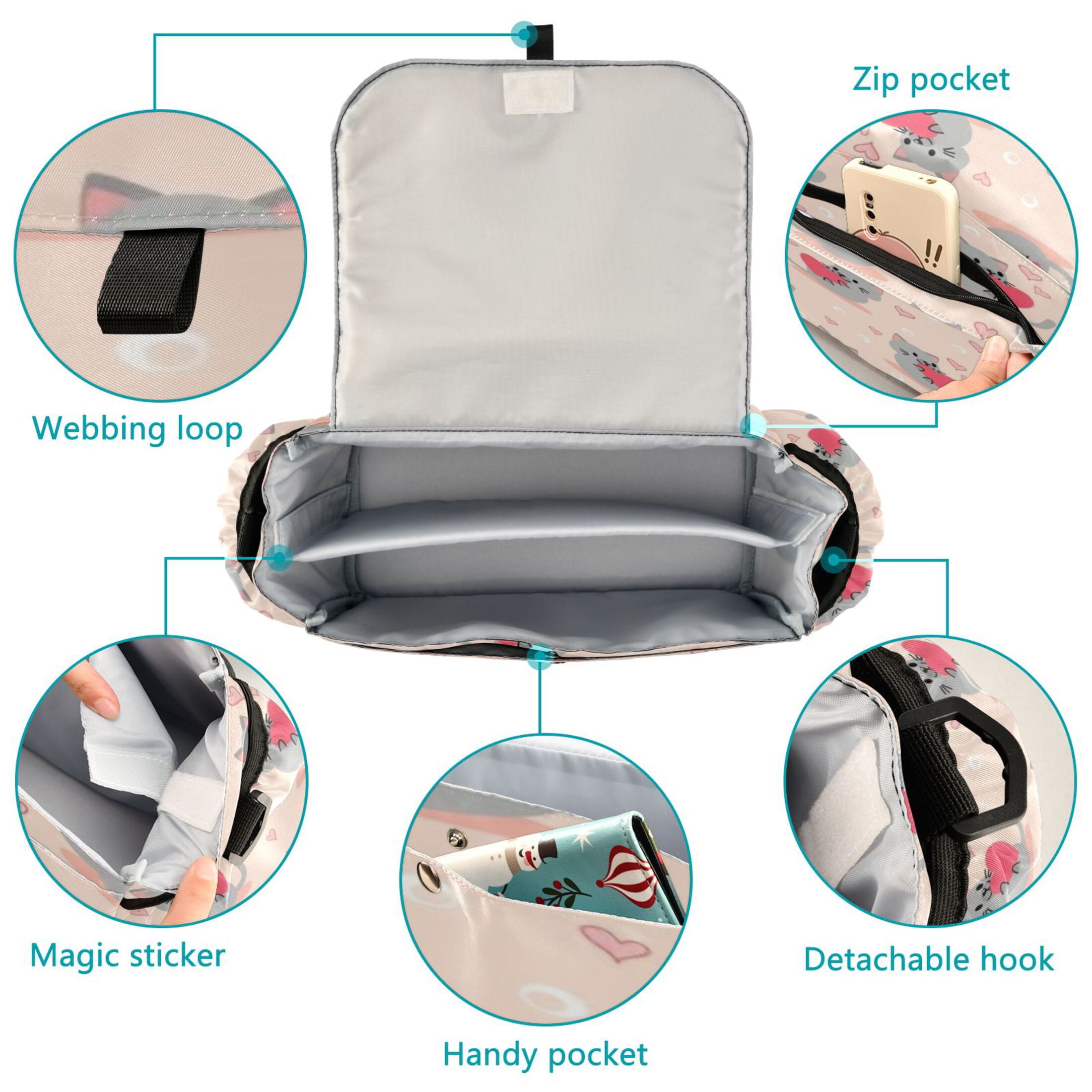 DIXRUYEE Stroller Organizer Cute Cat Heart Printed