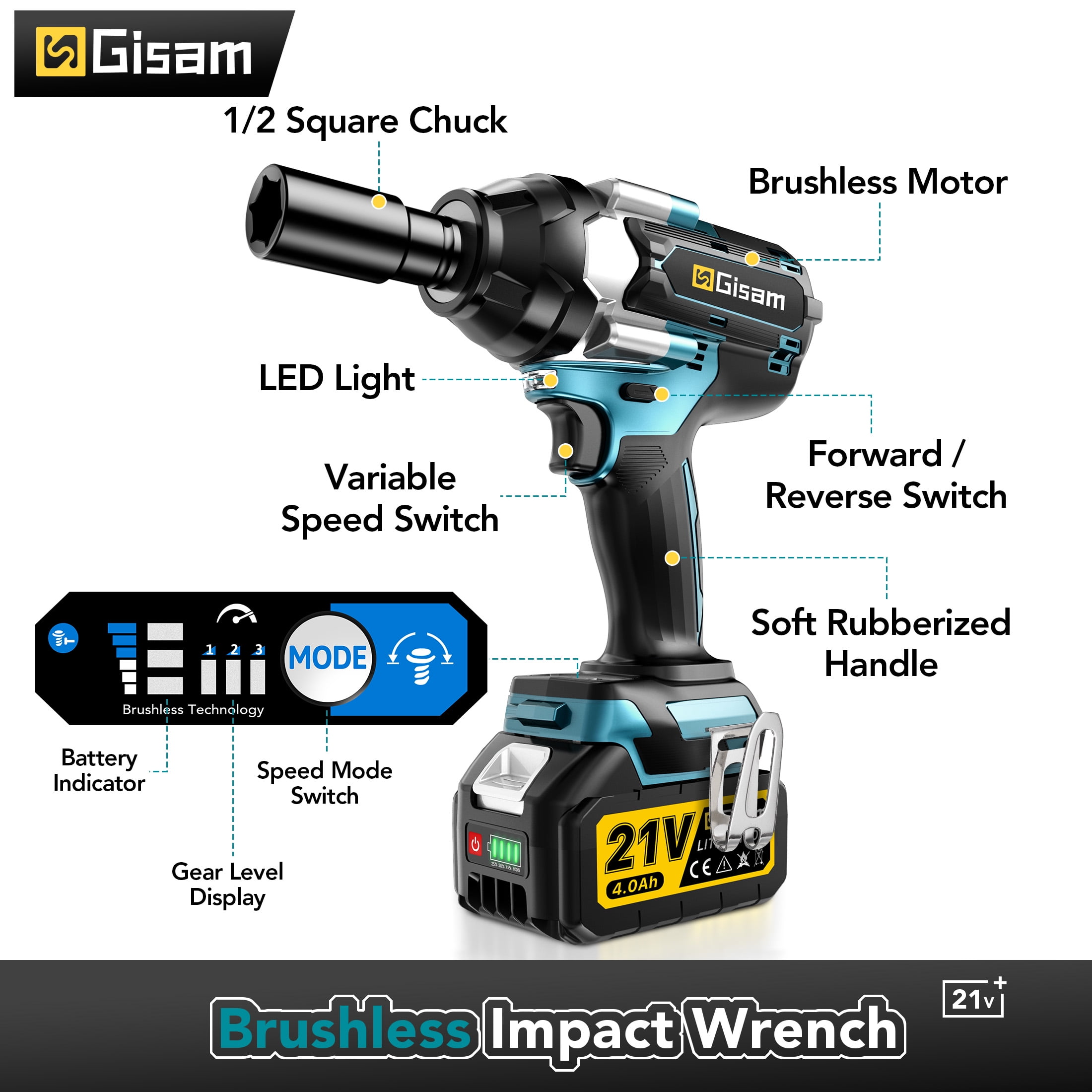 Gisam 1000N.m(738 ft-lbs) Cordless Brushless Impact Wrench,1/2 inch Impact Gun with 2x4.0Ah Batteries & 6 Sockets Accessories ,Pistola De Impacto for Home Car Tire