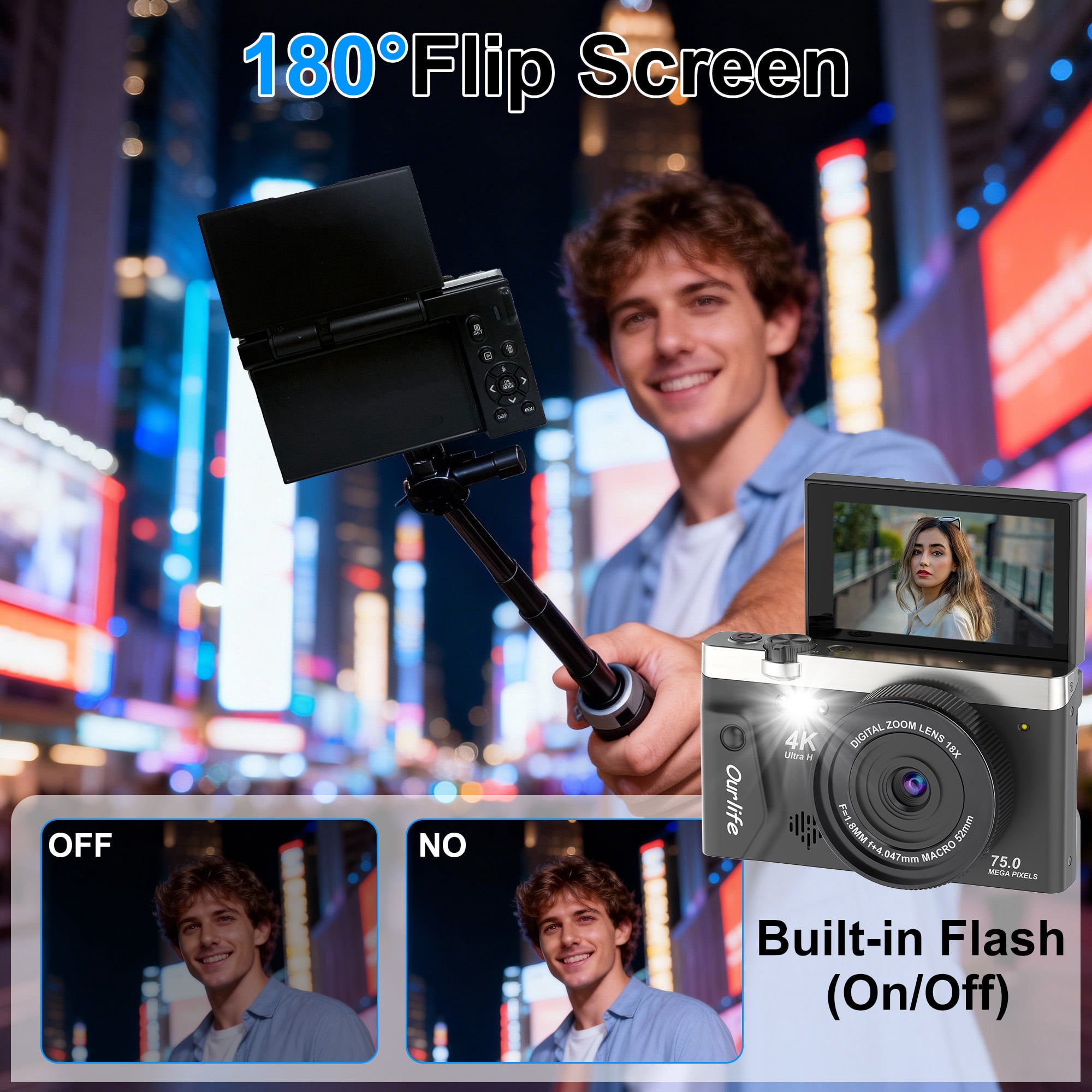 Ourlife 4K Vlogging Camera, 75MP Autofocus Compact Camera with Flip Screen, 18X Zoom, WiFi, Tripod & 32GB Card, Black