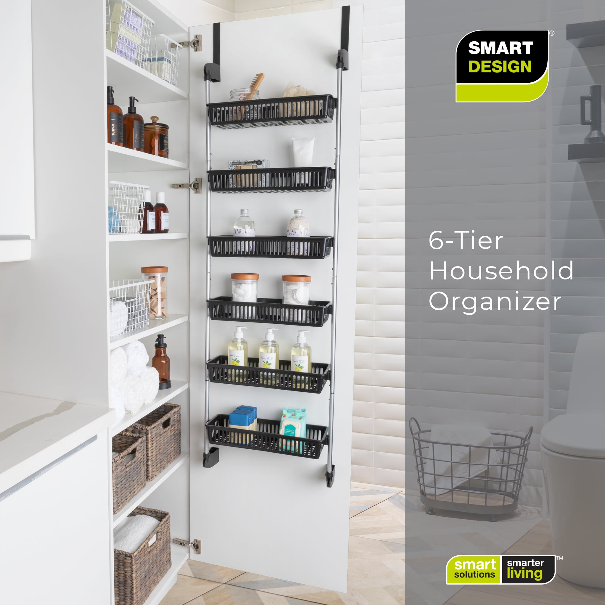  Smart Design Over The Door Pantry Organizer Rack with 6  Adjustable Shelves - Steel Metal Wire Baskets and Frame - Hanging - Wall  Mountable - Cans, Spice, Storage, Closet, Bathroom, Kitchen - White