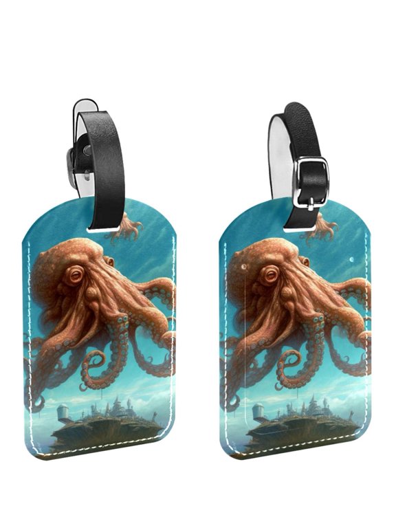 Square 2Pack PU Leather Octopus Cruise Luggage Tag with Privacy Cover and Name ID Tag for Travel Handbags Backpacks Luggage Tags