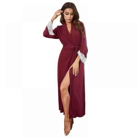 

Taykoo Women Sexy Bathrobe Lace Satin Lingerie Long Sleeve Solid Color Cotton Nightie Robes Casual Home Wear